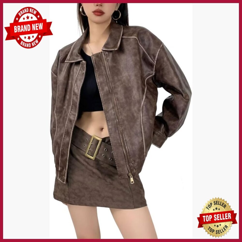 Distressed Faux Leather Bomber Jacket Oversized Motorcycle Style